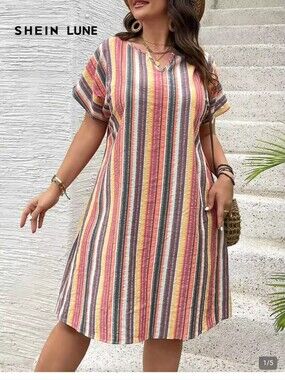 Summer Notched Neck Striped & Printed Casual Short Sleeve Dress